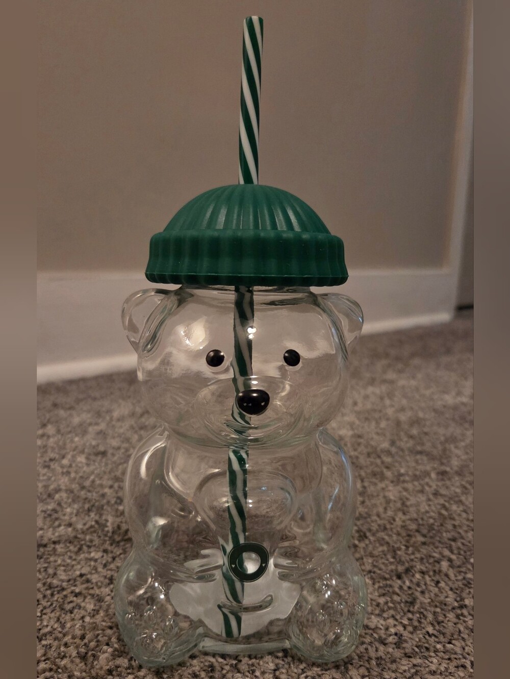 Bear Glass Cup Tumbler Green Hat Lid & Straw Iced Coffee "Starbucks" Style